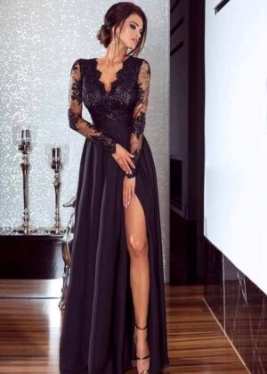 Długa sukienka Luna koronkowa z rękawem maxi czarna