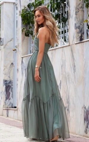 długa sukienka sofia z odkrytymi rękawami zielona tył
