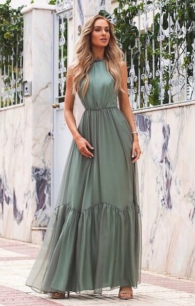 długa sukienka sofia z odkrytymi rękawami zielona