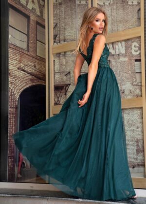 Długa sukienka z dekoltem koronkowym z rozporkiem bez rękawa Chiara Zielona