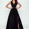 Długa sukienka z koronkową górą bez rękawów z rozkoporkiem Elena czarna