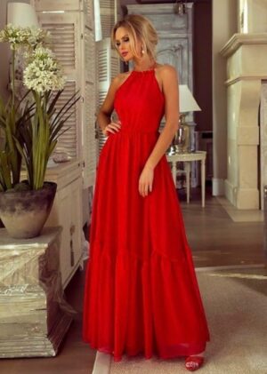 długa sukienka sofia z odkrytymi rękawami czerwona