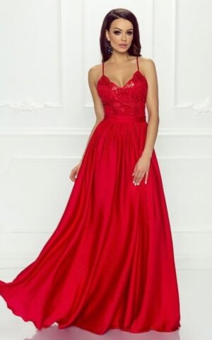 Długa czerwona sukienka Eliza na ramiączkach z koronkową górą
