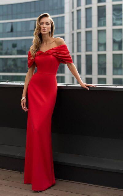 TATIANA Sukienka Maxi 627 z Odkrytymi Ramionami Czerwona