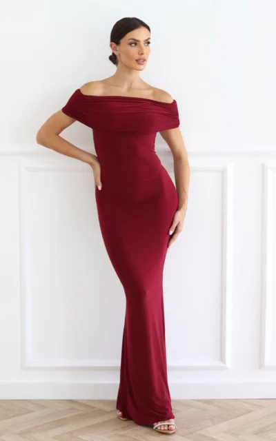 LIVIA Długa Elegancka Sukienka Hiszpanka z Odkrytymi Plecami Bordowy