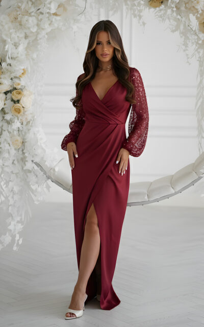 Sukienka z Dwoma Cekinowymi Rękawami Maxi 314-10 Bordowy