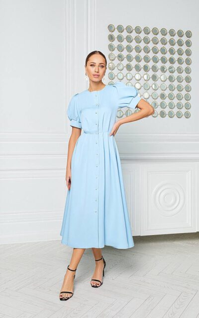 LAYLA Sukienka Midi z Guzikami C390 Błękitny