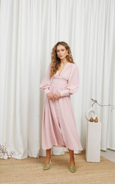 DIANA Sukienka z Długim Rękawem Midi C392 Pudrowy Róż