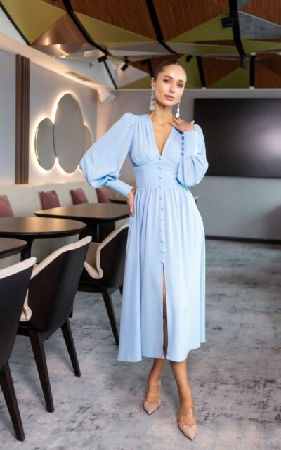 DIANA Sukienka z Długim Rękawem Midi C392 Błękitny