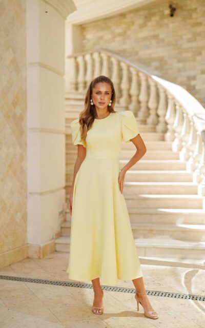 YASMINE Sukienka Midi z Bufkami C512 Cytrynowy