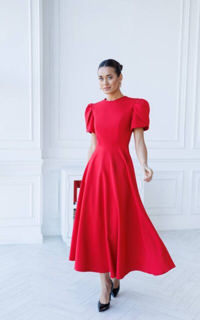 YASMINE Sukienka Midi z Bufkami C512 Czerwony