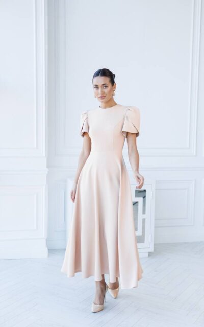 YASMINE Sukienka Midi z Bufkami C512 Beżowy