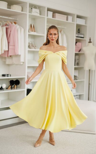 CLEO Sukienka z Opadającymi Ramionami C528 Cytrynowy