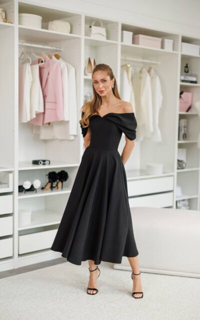 CLEO Sukienka z Opadającymi Ramionami C528 Czarny