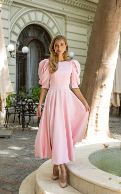 ISABELLA Sukienka z Bufkami C383 Pudrowy Róż