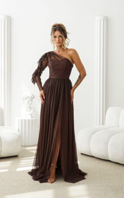 ESTRELLA Sukienka Wieczorowa Maxi z Rozcięciem Czekolada