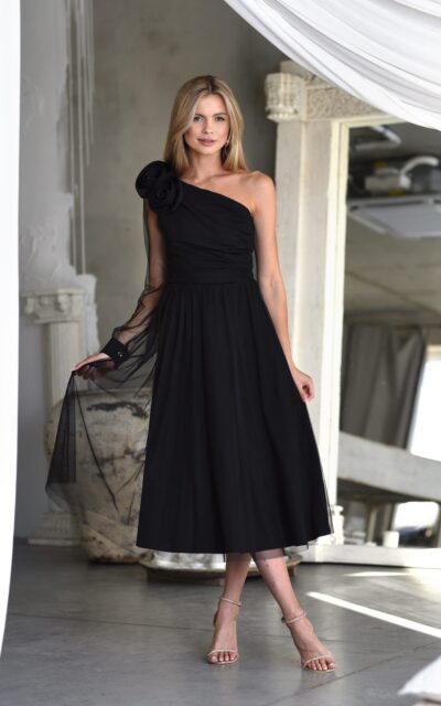 LORI Sukienka na Jedno Ramię z Różą Czarny