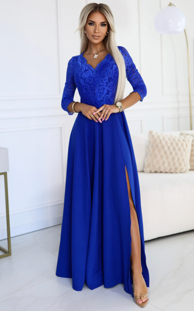 AMBER Sukienka Koronkowa 309-12 z Dekoltem Chabrowy