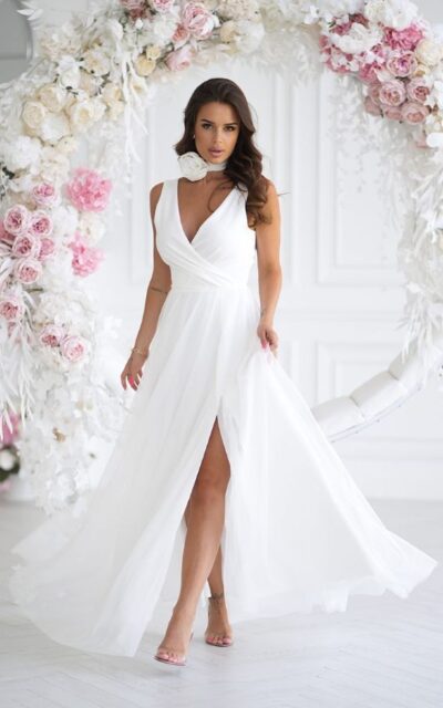 Sukienka z paskiem w Różyczkę Maxi 318-04 Ecru