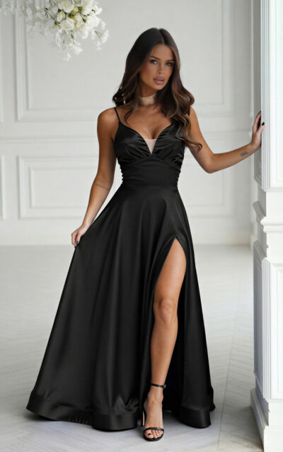 Sukienka Satynowa z Gorsetowym Sznurowaniem 334-06 Czarny