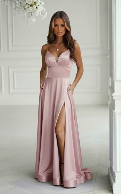 Sukienka Satynowa z Gorsetowym Sznurowaniem 334-20 Pudrowy Róż