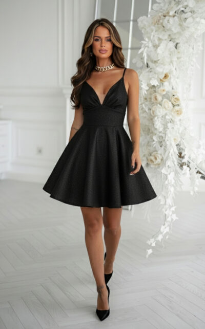 Sukienka Brokatowa Mini Z Gorsetowym Wiązaniem 340-06 Czarny