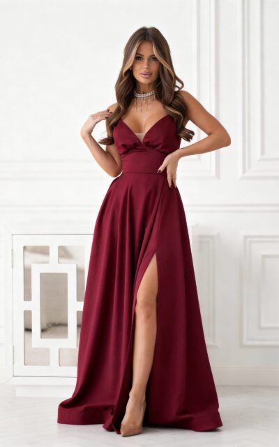 Sukienka Wieczorowa 341-10 z Gorsetowym Sznurowaniem Bordowy