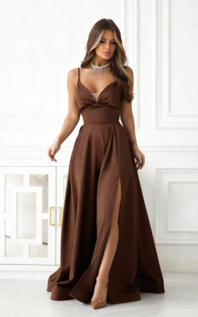 Sukienka Wieczorowa 341-61 z Gorsetowym Sznurowaniem Czekoladowy