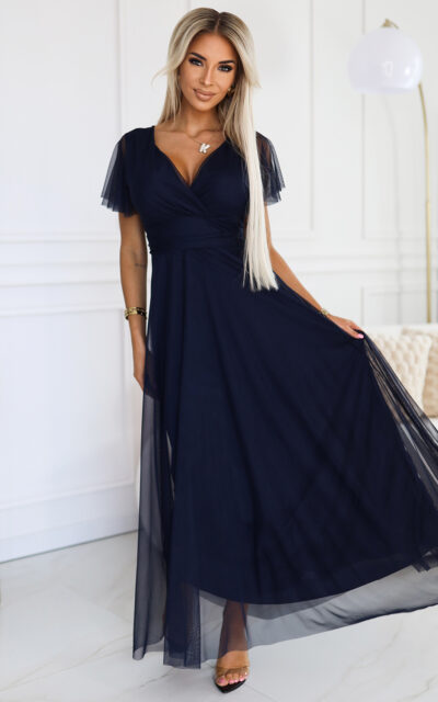NASTIA Sukienka z Dekoltem i Krótkim Rękawkiem 562-1 Granatowy