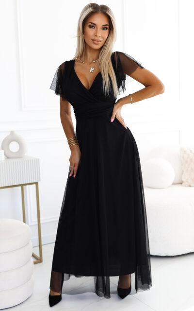 NASTIA Sukienka z Dekoltem i Krótkim Rękawkiem 562-3 Czarny