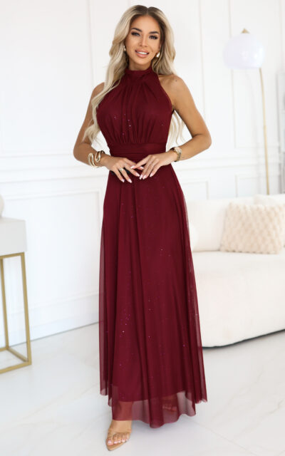 VERONICA Sukienka 636-1 z Brokatowym Akcentem Bordowy