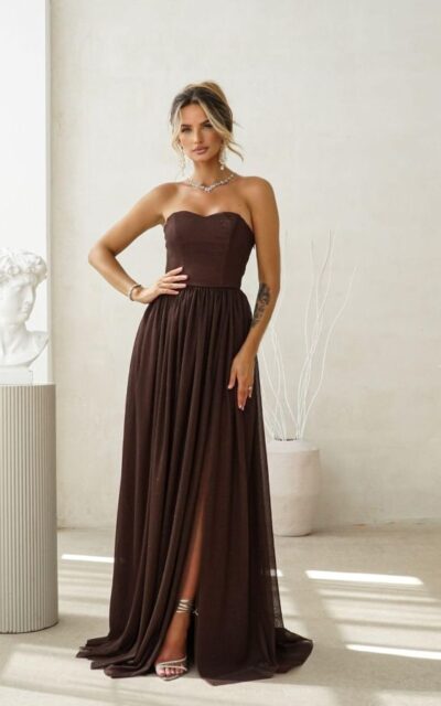 CECYLIA Sukienka Maxi z Gorsetową Górą Czekolada