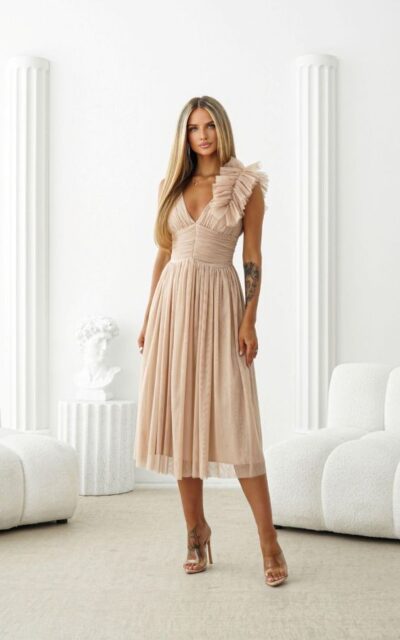 OLIVIA Sukienka Midi z Ozdobą na Ramieniu Beż