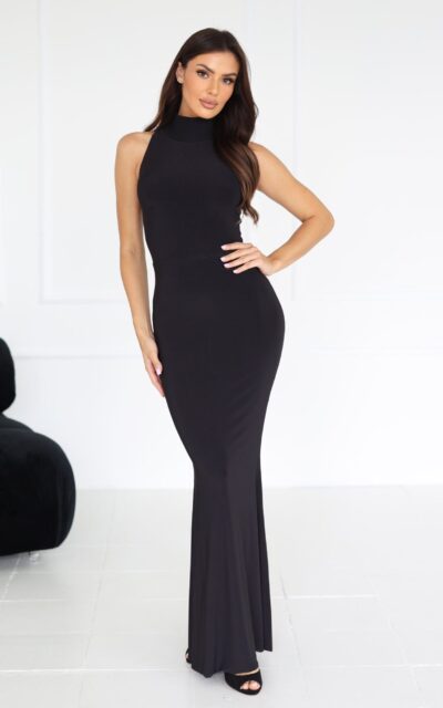 ZAYA Sukienka Maxi ze Stójką i Syrenim Dołem Czarny
